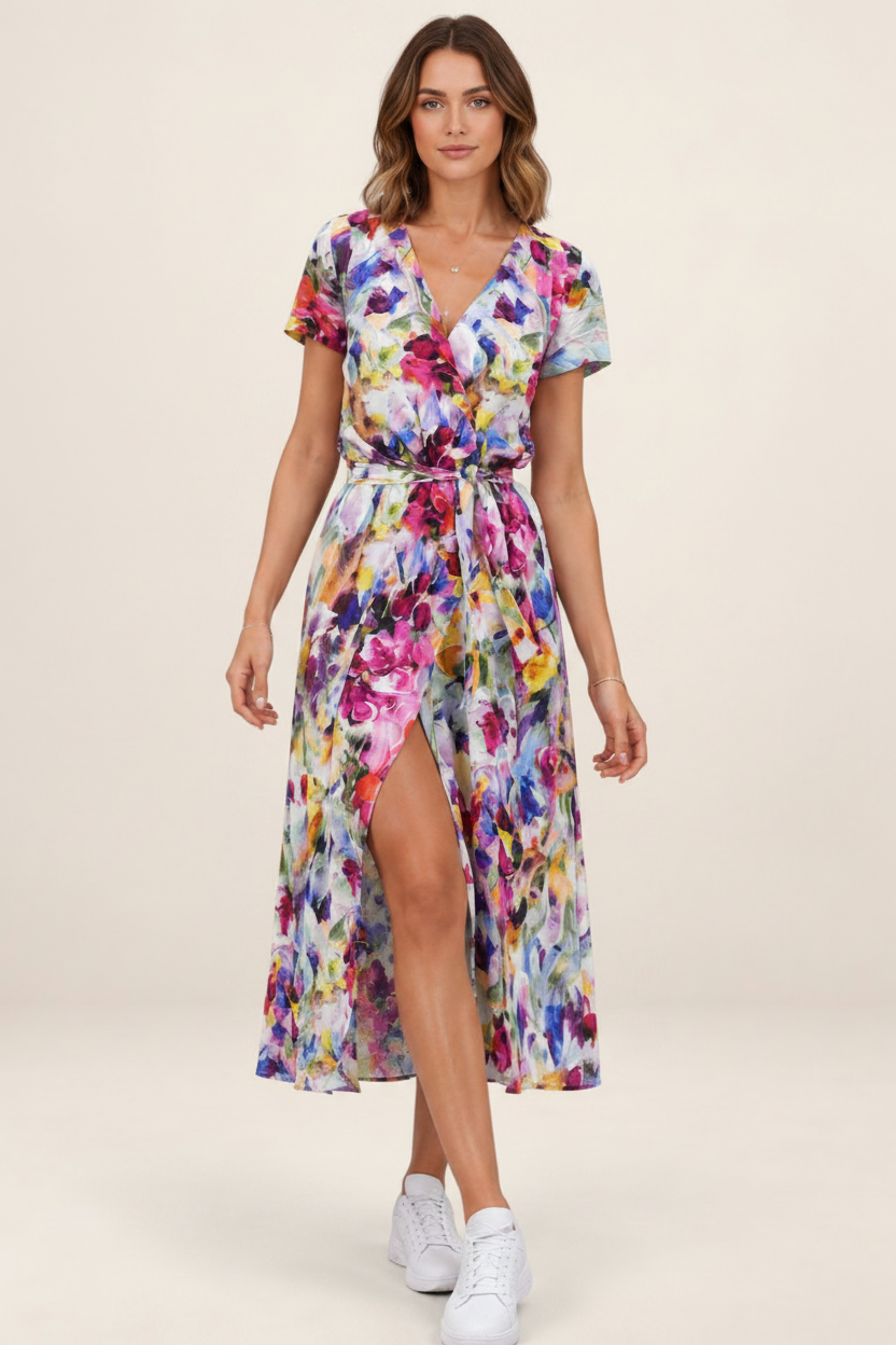 Women's Floral Wrap Midi Dress with Flattering V-Neck | Effortless Elegance for Warm Days