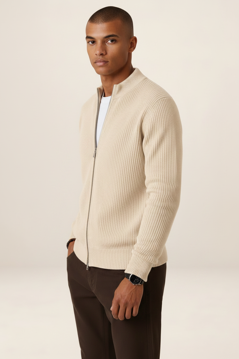 Men's Full Zip Knit Cardigan Sweater Ribbed Zip-Up Jacket