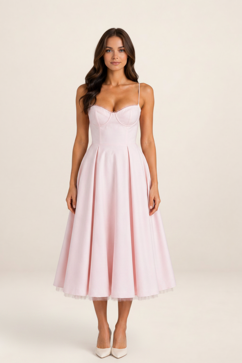 Elegant Midi Dress with Corset Bodice & Flowing Skirt for Special Occasions