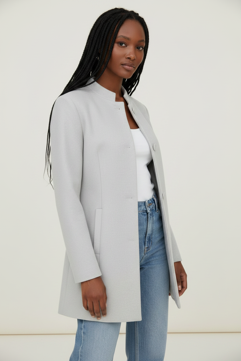 Elegant Women's Tailored Coat | Longline Design with Covered Buttons | Versatile Outerwear for Every Occasion