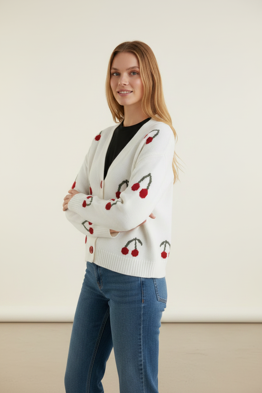 Charming Knitwear | Women's Cardigan with Cherry Print Design | Cozy Layering for Everyday Style