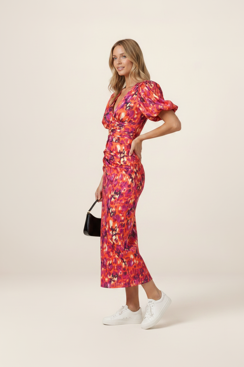 Elegant Midi Dress | Women's V-Neck Puff Sleeve Design with Vibrant Print | Flattering Fit for Summer Occasions