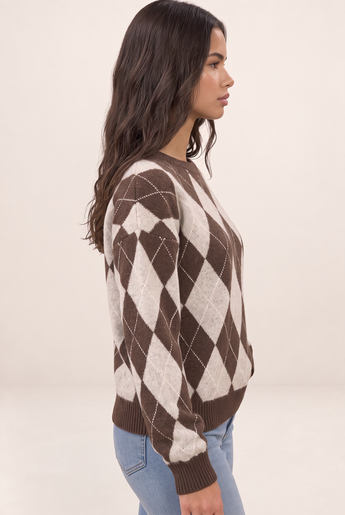 Women’s Argyle Knit Jumper – Crew Neck Long Sleeve Diamond Pattern Sweater