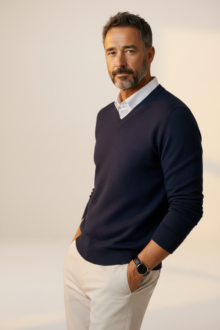 Men's V-Neck Knit Sweater - Casual Pullover