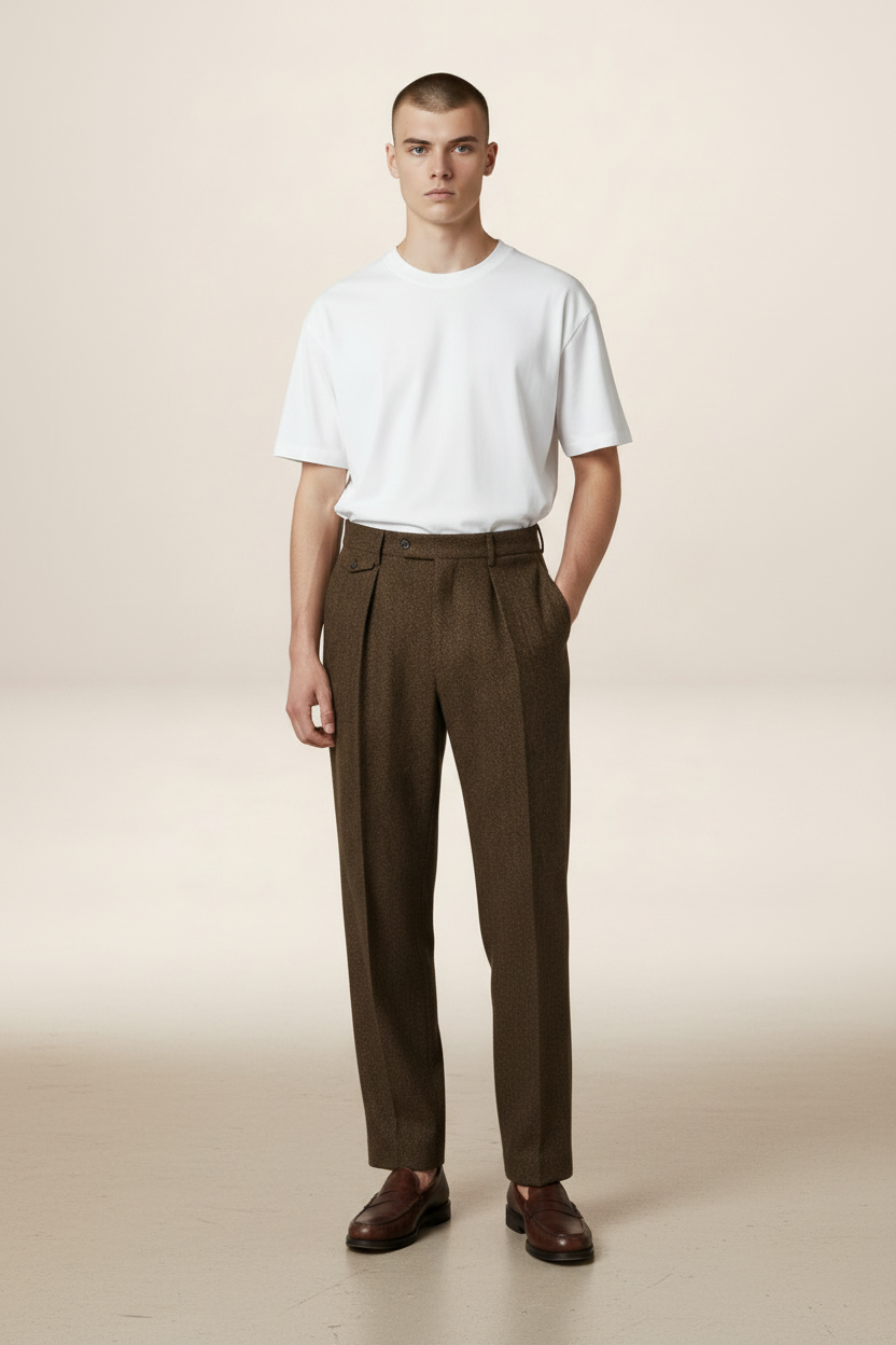 Men’s Herringbone Pleated Tailored Trousers – Straight Leg Smart Fit