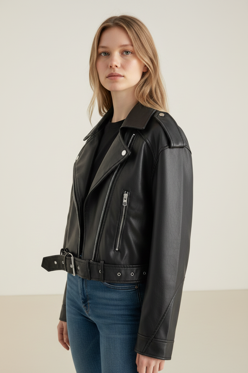 Classic Faux Leather Biker Jacket | Relaxed Fit with Adjustable Waist Belt for Effortless Style