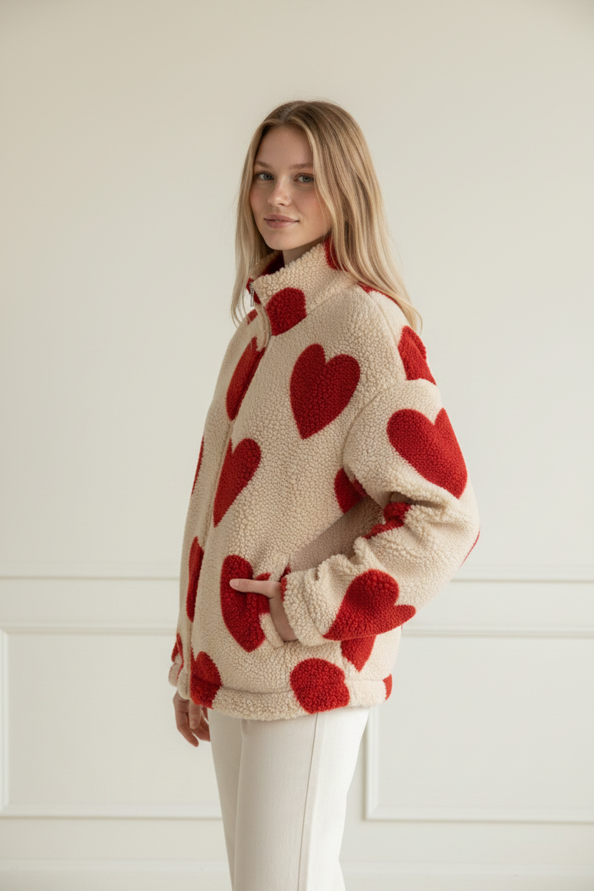 Cozy Collection | Women's Jacket with Heart Print & Fleece Fabric | Relaxed Fit for Warmth and Comfort