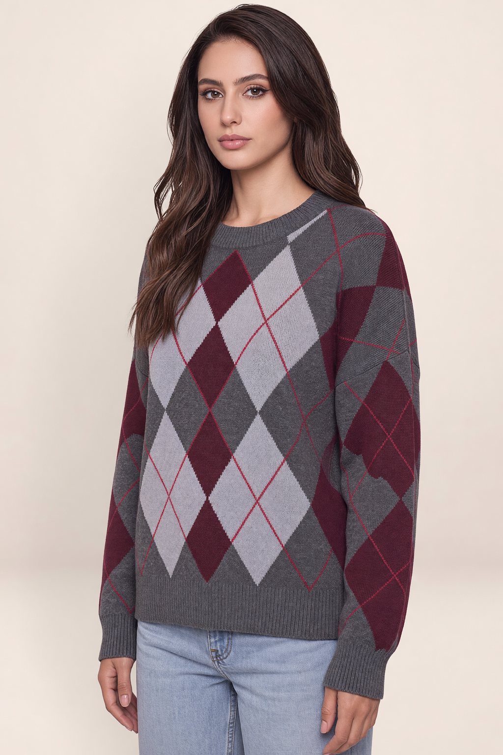 Women’s Argyle Pattern Knit Jumper – Crew Neck Long Sleeve Sweater