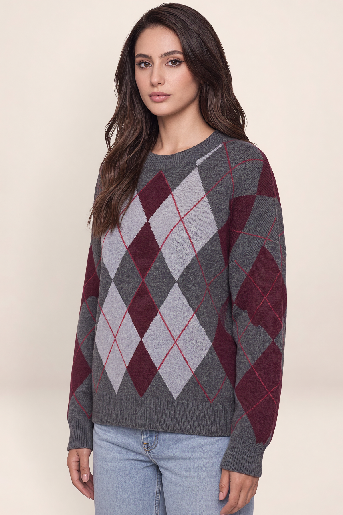 Women’s Argyle Pattern Knit Jumper – Crew Neck Long Sleeve Sweater