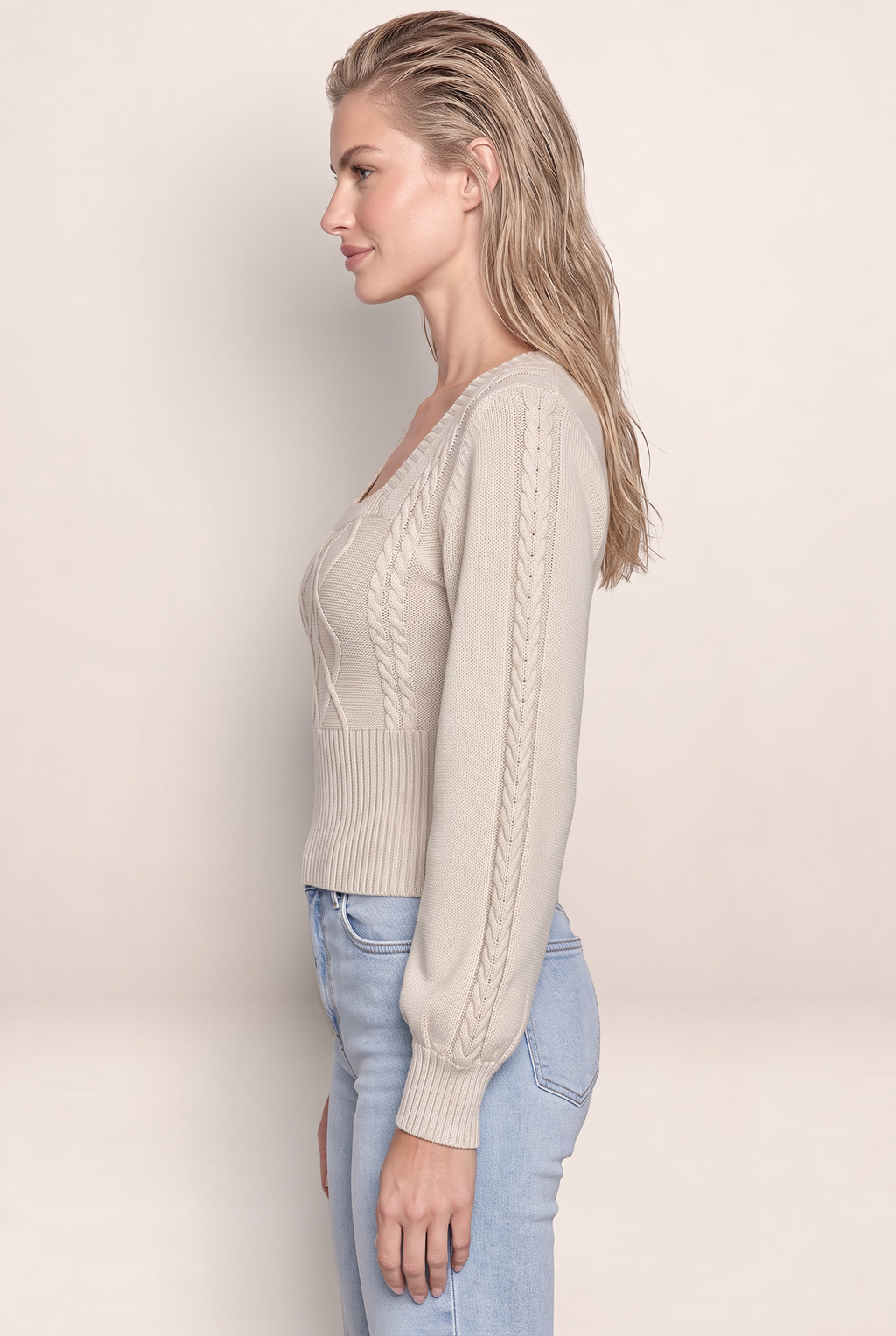 Women’s Square Neck Cable Knit Jumper – Balloon Sleeve Fitted Sweater