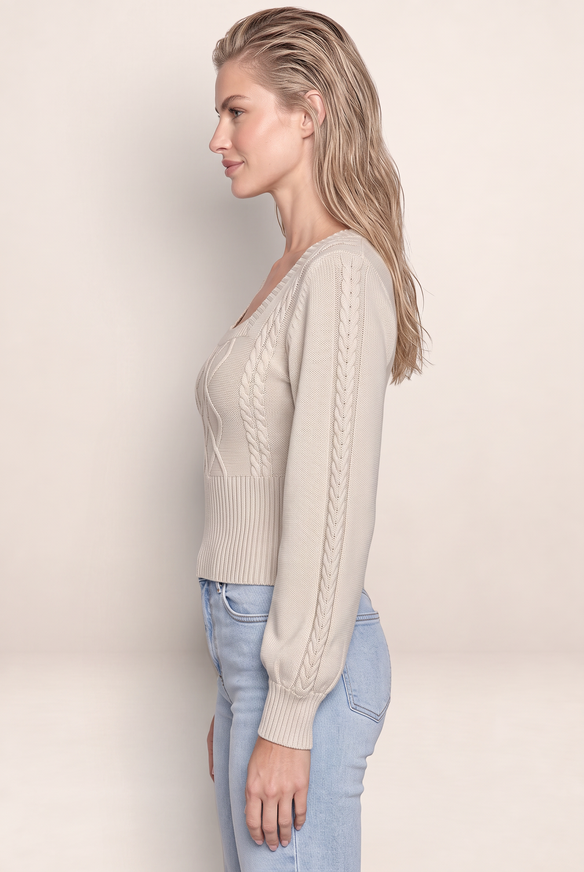 Women’s Square Neck Cable Knit Jumper – Balloon Sleeve Fitted Sweater