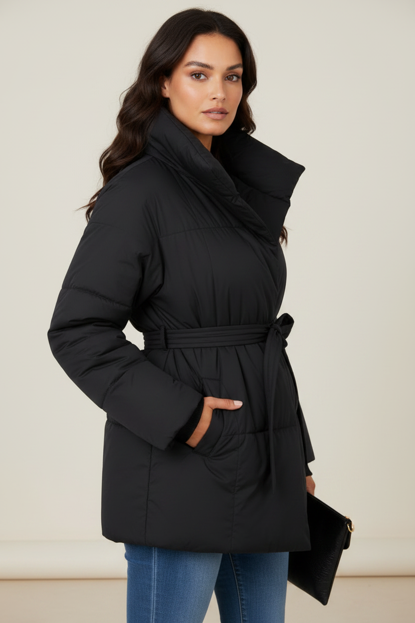Elegant Women's Puffer Jacket with High Collar & Defined Waist | Cozy Winter Coat for Stylish Warmth