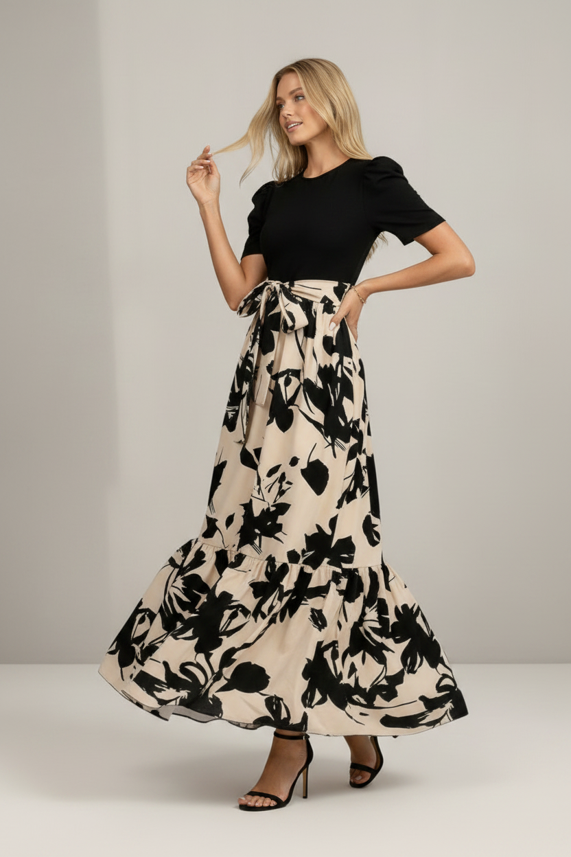Floral Midi Dress | Women's Dress with Puff Sleeves & Belted Waist for Effortless Elegance