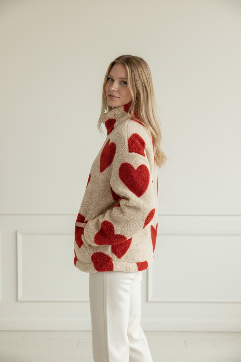 Cozy Collection | Women's Jacket with Heart Print & Fleece Fabric | Relaxed Fit for Warmth and Comfort