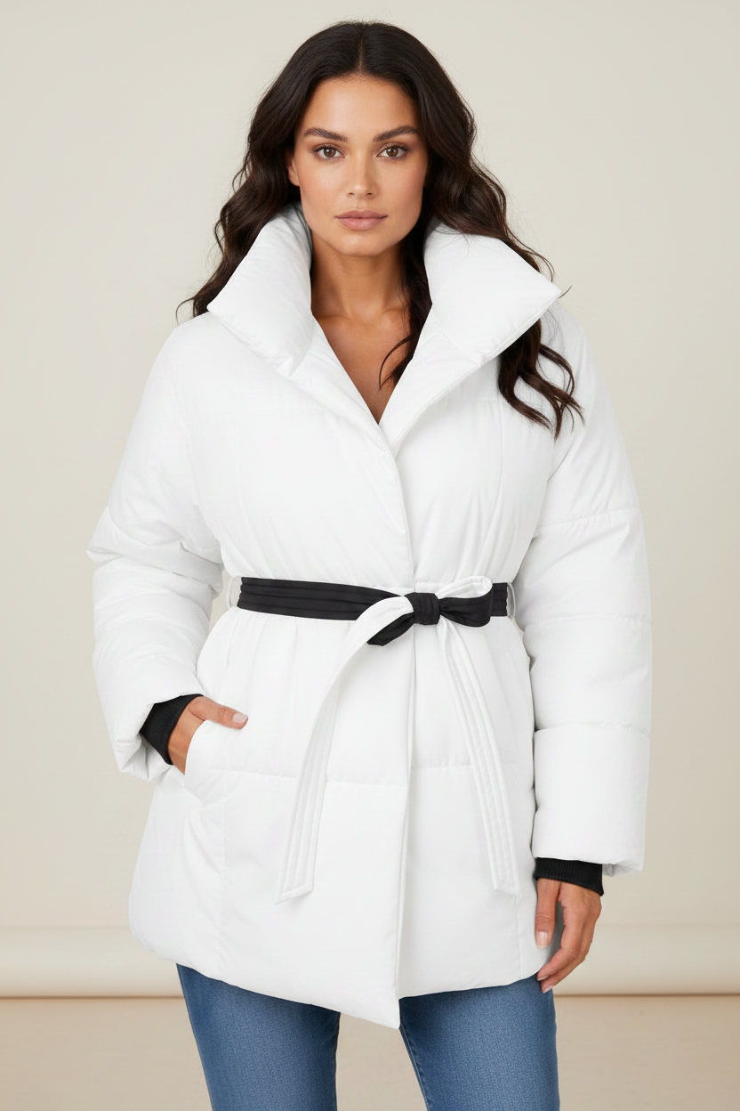 Elegant Women's Puffer Jacket with High Collar & Defined Waist | Cozy Winter Coat for Stylish Warmth