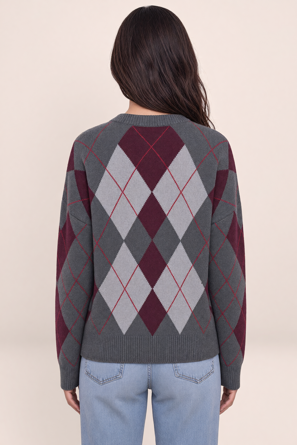 Women’s Argyle Pattern Knit Jumper – Crew Neck Long Sleeve Sweater