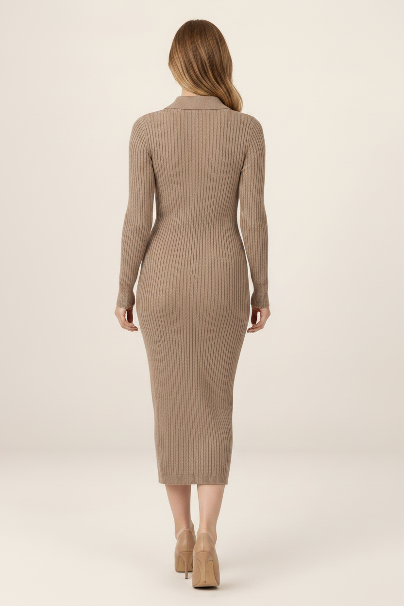 Elegant Knitted Midi Dress with Polo Collar & Button Neck for Stylish Comfort