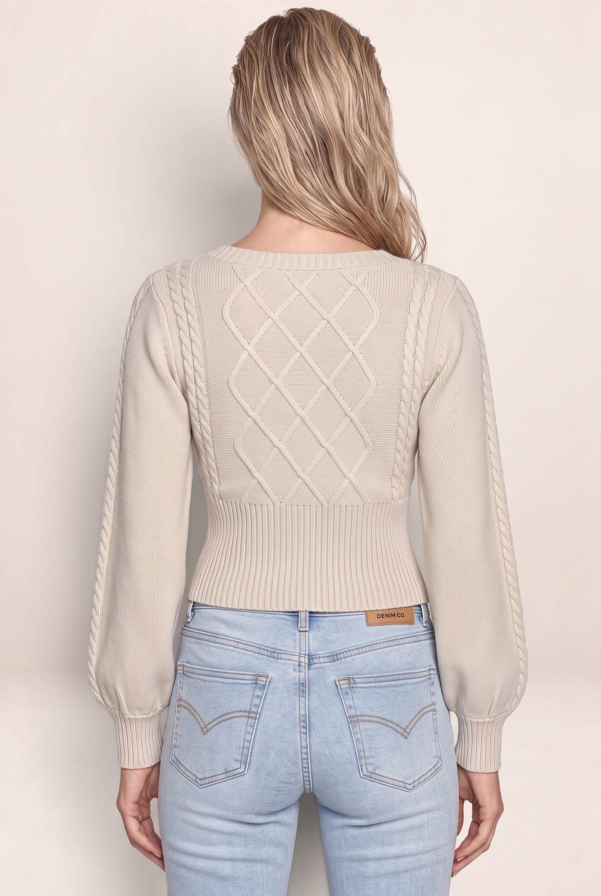 Women’s Square Neck Cable Knit Jumper – Balloon Sleeve Fitted Sweater