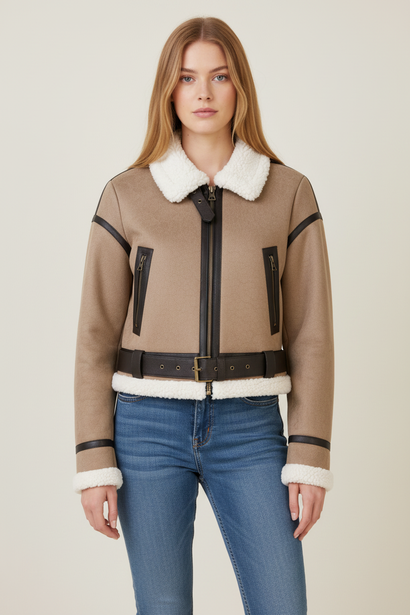 Stylish Aviator Jacket | Women's Cropped Biker Coat with Teddy Lining | Cozy Cold-Weather Layer