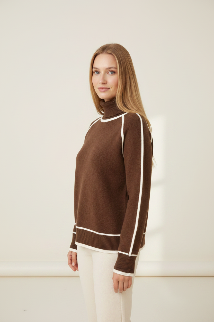 Cozy Knitwear | Women's Jumper with Roll Neck & Contrast Trim | Relaxed Fit for Effortless Cold-Weather Styling