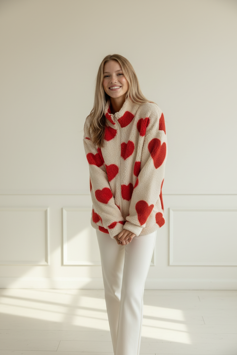 Cozy Collection | Women's Jacket with Heart Print & Fleece Fabric | Relaxed Fit for Warmth and Comfort