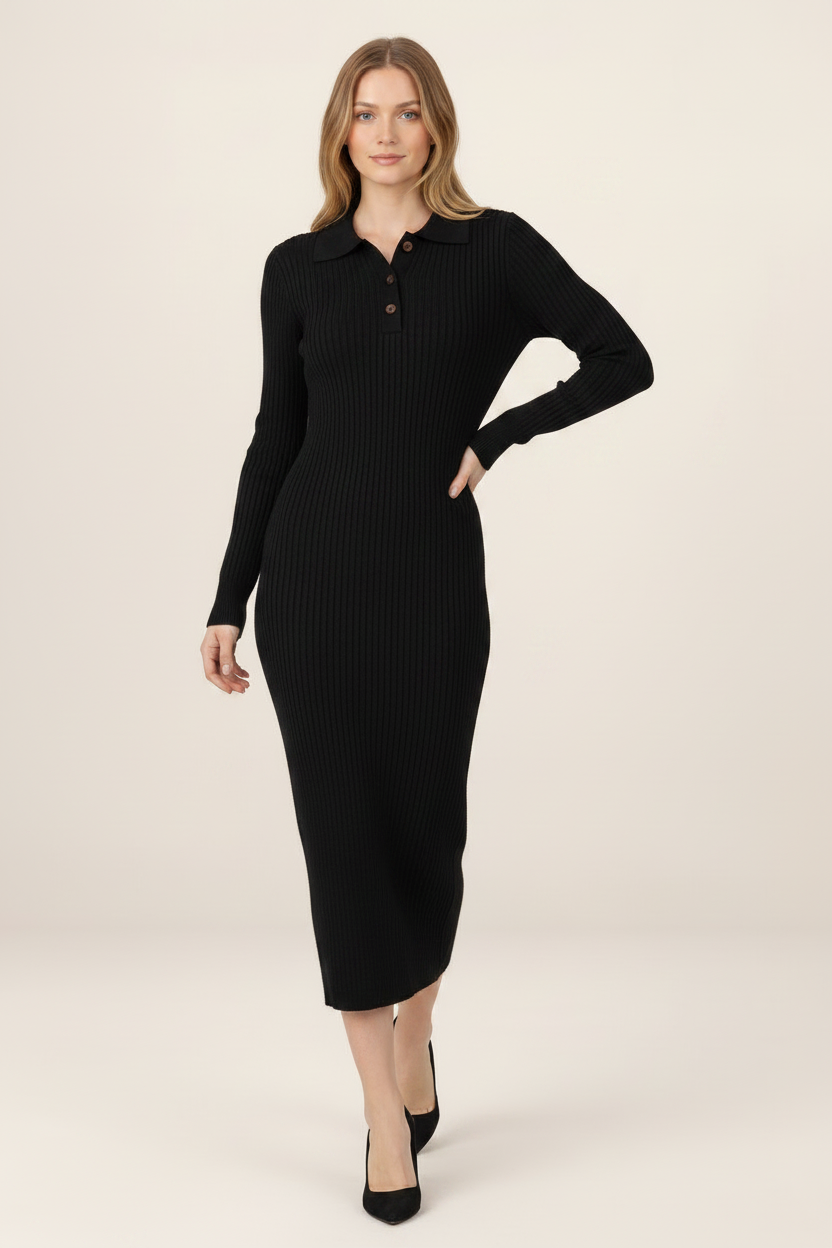 Elegant Knitted Midi Dress with Polo Collar & Button Neck for Stylish Comfort