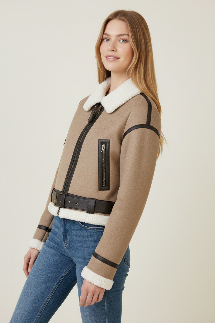 Stylish Aviator Jacket | Women's Cropped Biker Coat with Teddy Lining | Cozy Cold-Weather Layer