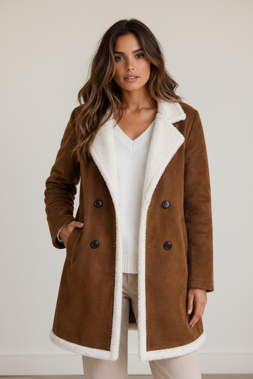 Elegant Longline Teddy Trim Coat with Suede Look for Ultimate Warmth