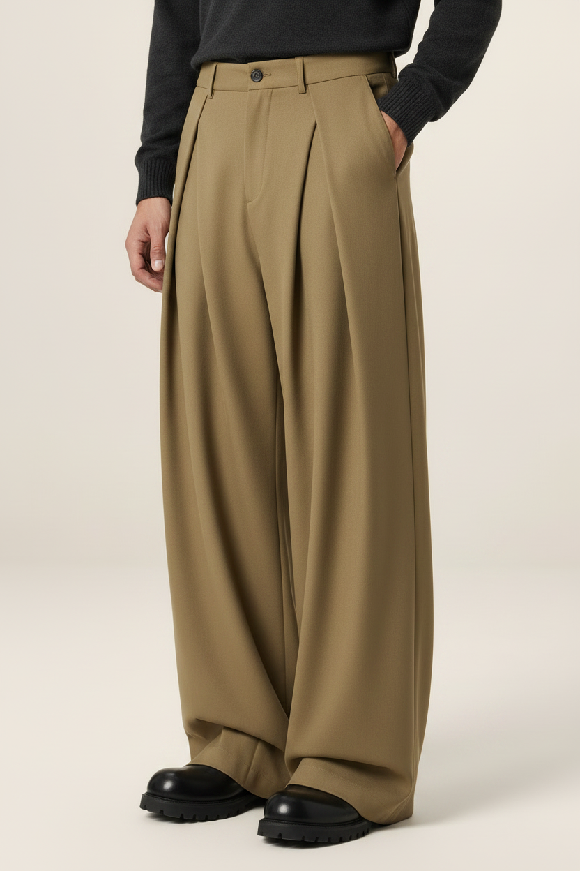 Men’s Wide Leg Trousers – Pleated Tailored Baggy Fit