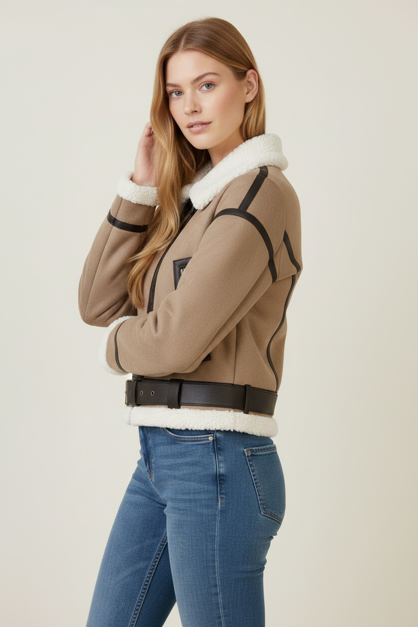 Stylish Aviator Jacket | Women's Cropped Biker Coat with Teddy Lining | Cozy Cold-Weather Layer