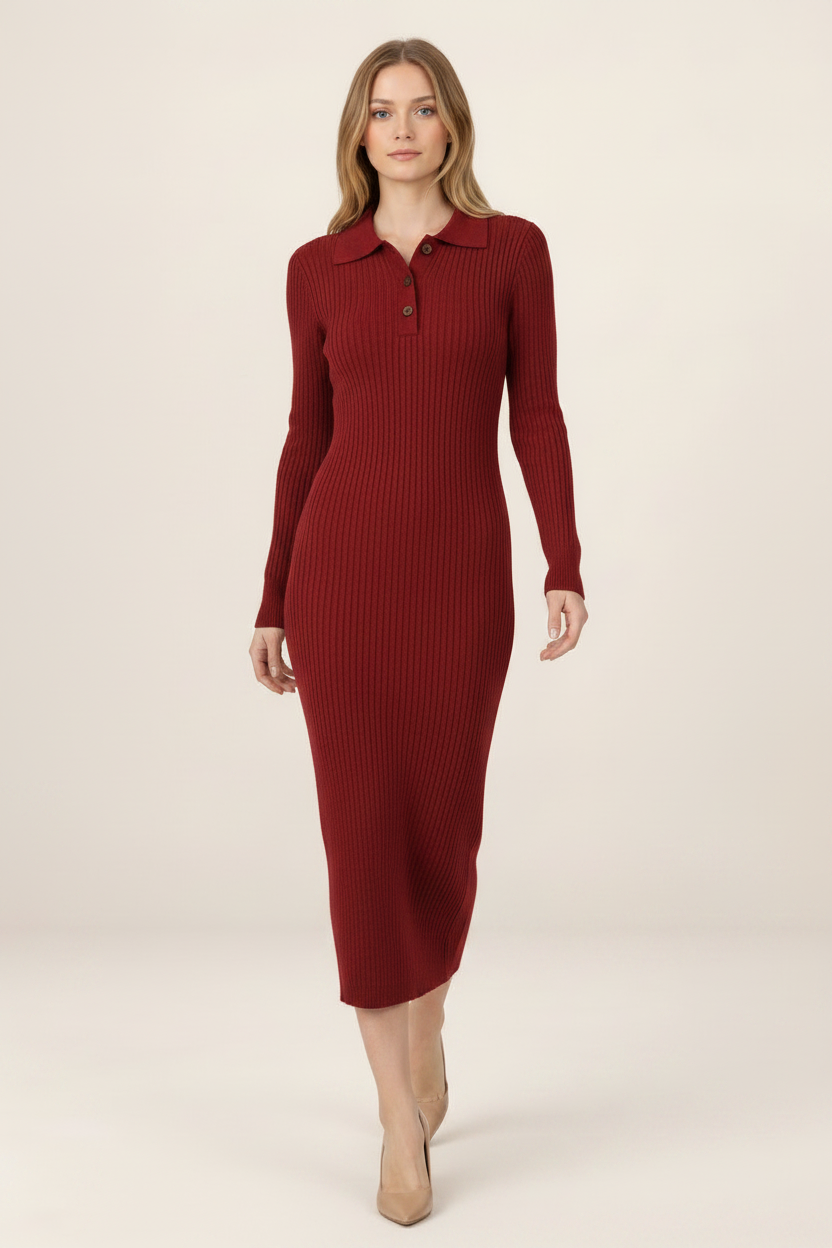 Elegant Knitted Midi Dress with Polo Collar & Button Neck for Stylish Comfort