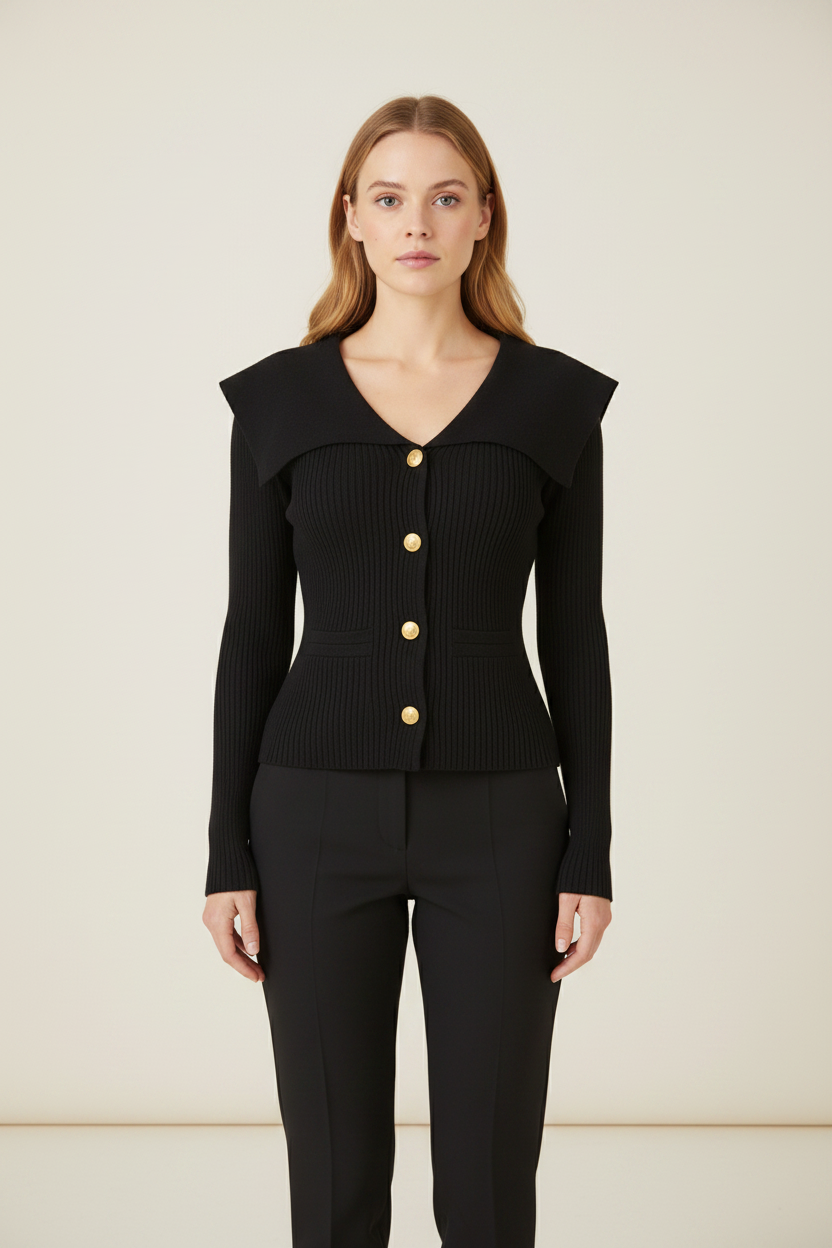 Elegant Knitwear | Women's Cardigan with Cape Collar & Gold Buttons | Chic Style for Effortless Outfits