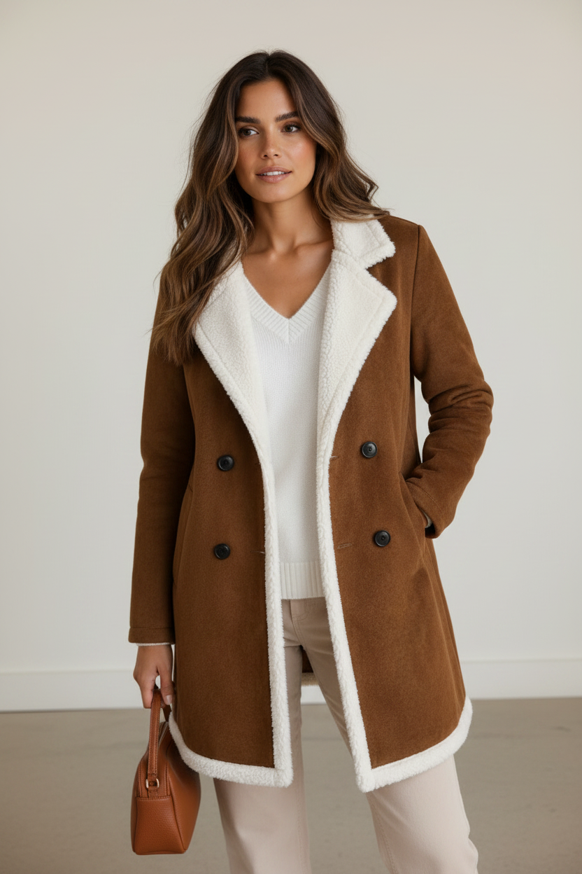 Elegant Longline Teddy Trim Coat with Suede Look for Ultimate Warmth