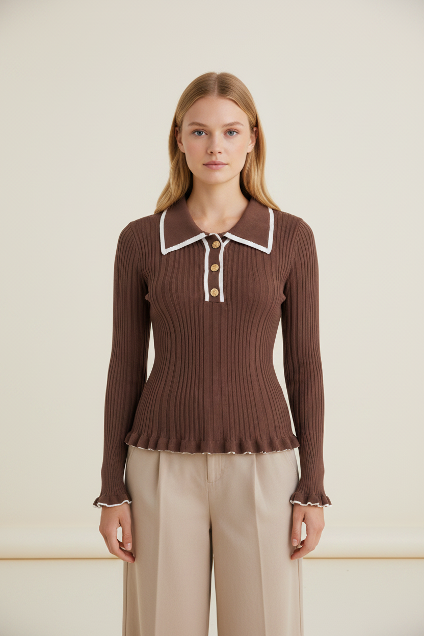 Elegant Knitwear | Women's Jumper with Ruffle Cuffs & Polo Collar | Fitted Long Sleeve Top for Effortless Style