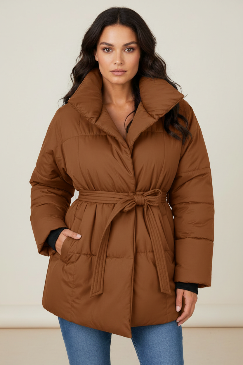 Elegant Women's Puffer Jacket with High Collar & Defined Waist | Cozy Winter Coat for Stylish Warmth