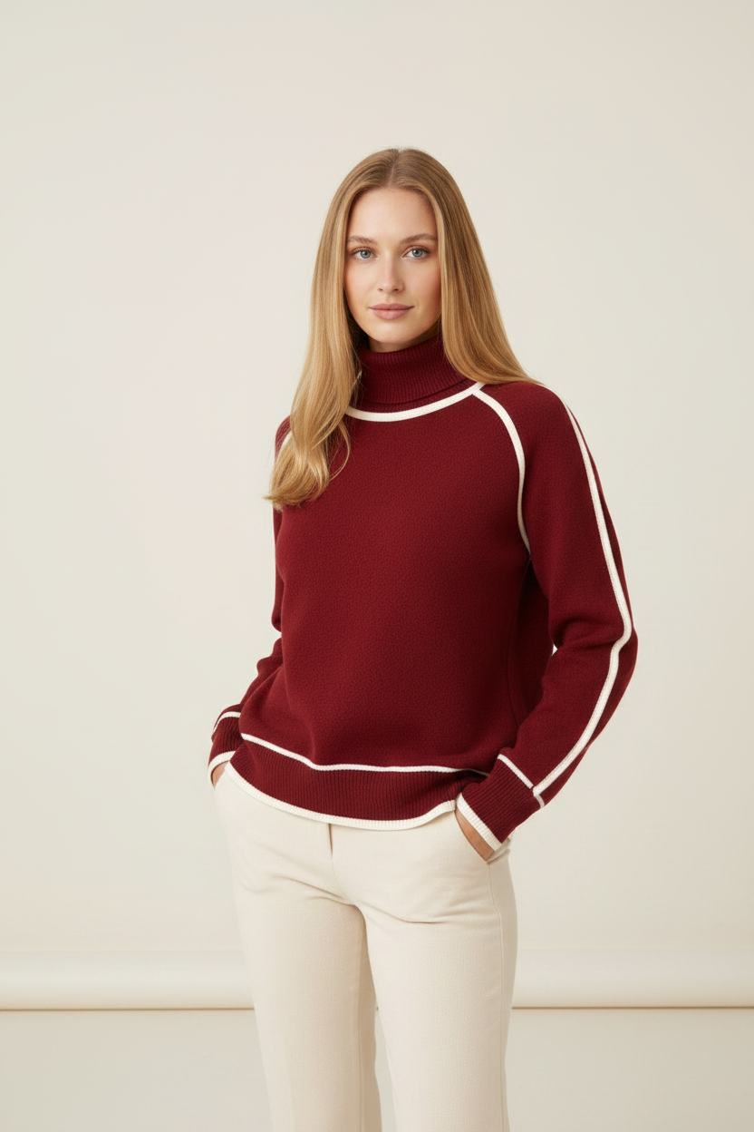 Cozy Knitwear | Women's Jumper with Roll Neck & Contrast Trim | Relaxed Fit for Effortless Cold-Weather Styling