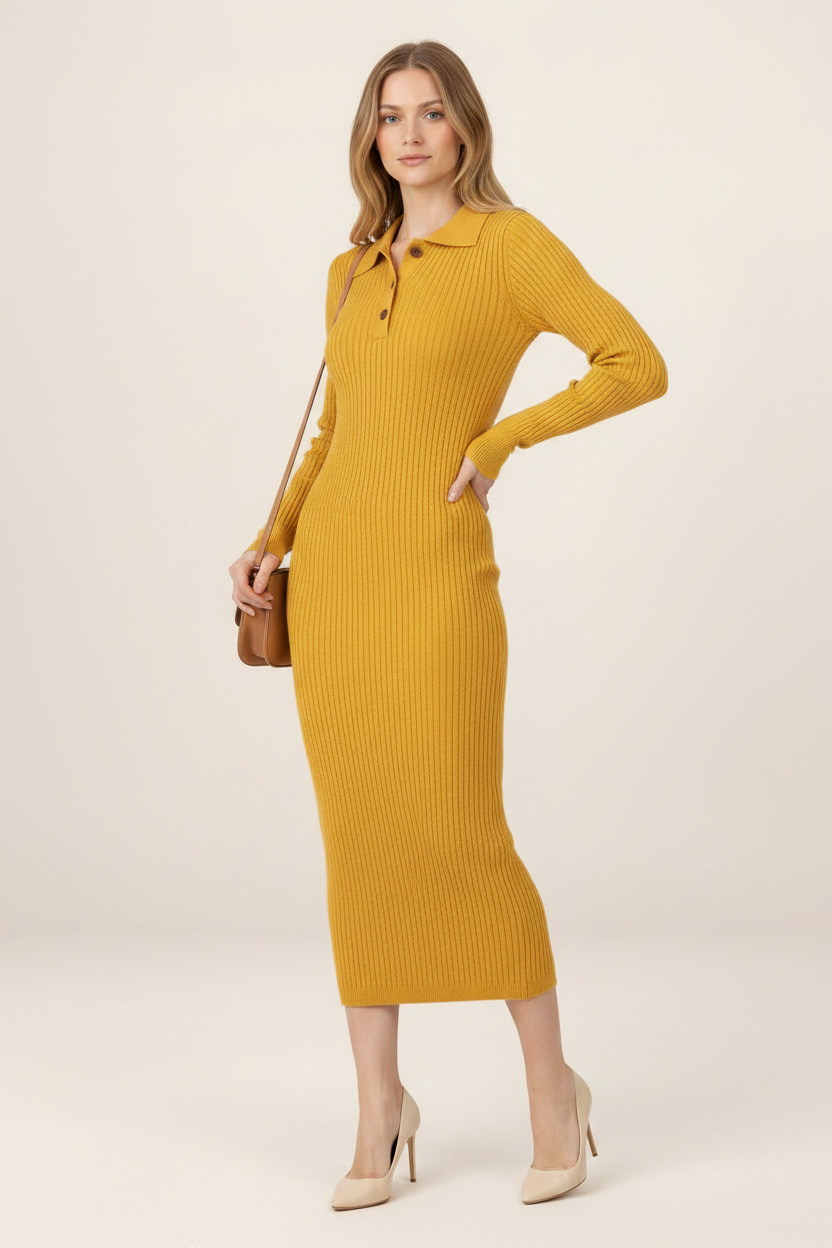 Elegant Knitted Midi Dress with Polo Collar & Button Neck for Stylish Comfort