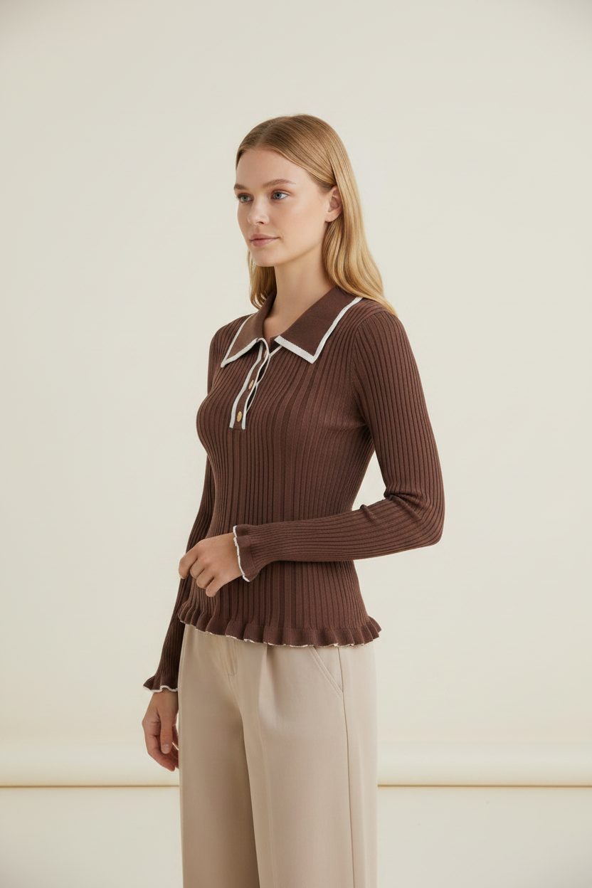 Elegant Knitwear | Women's Jumper with Ruffle Cuffs & Polo Collar | Fitted Long Sleeve Top for Effortless Style