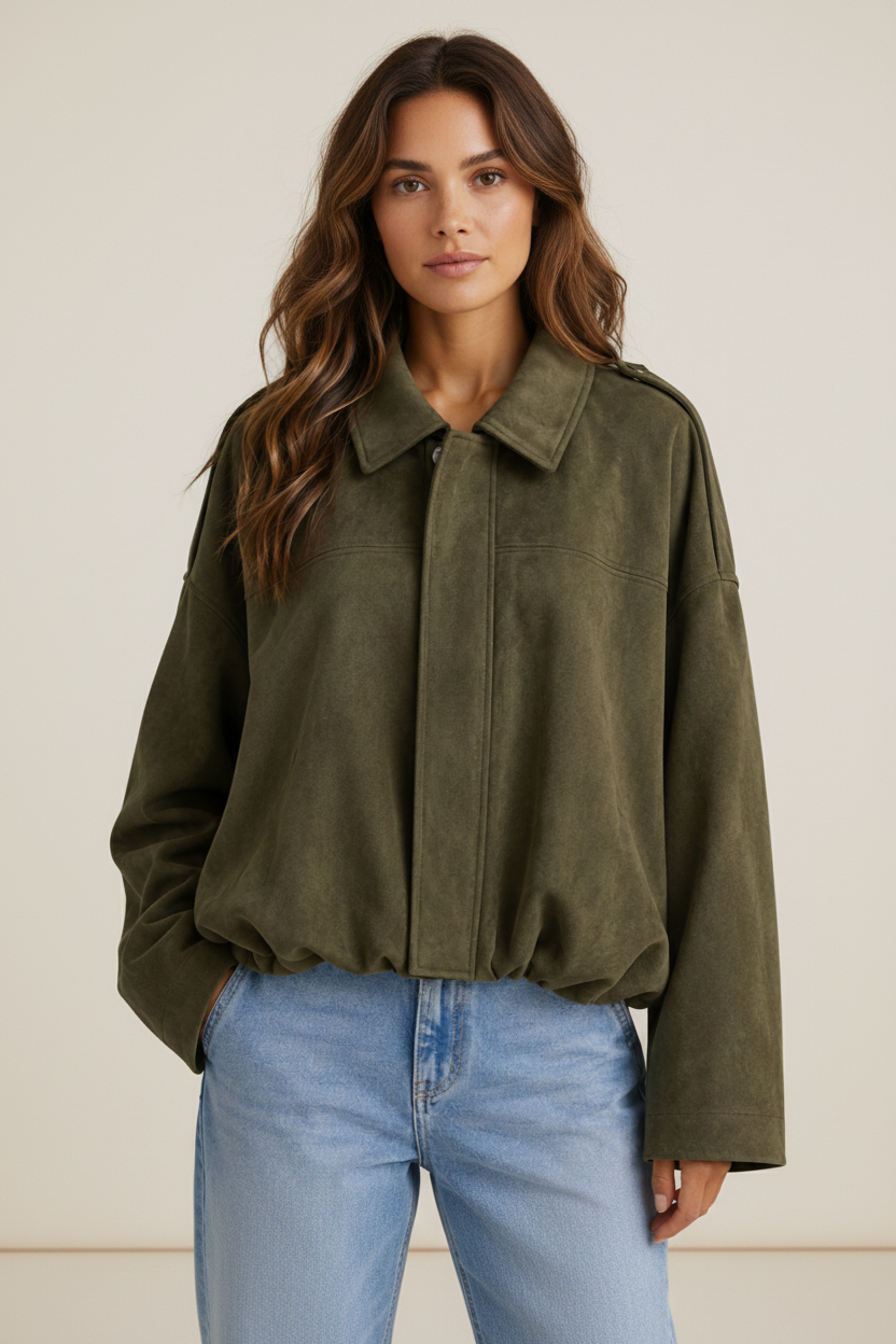 Stylish Suede Look Bomber Jacket with Oversized Fit for Everyday Comfort