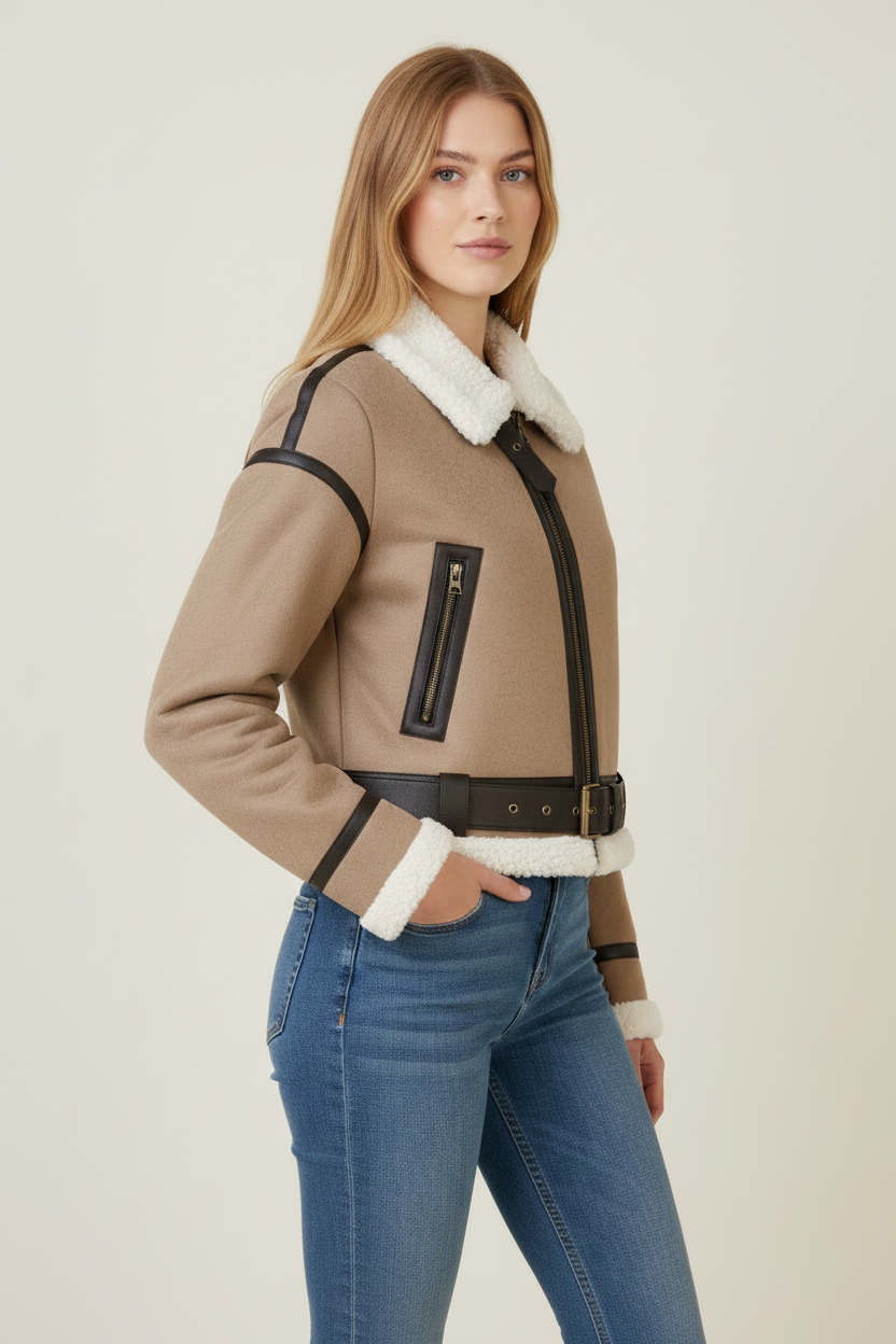 Stylish Aviator Jacket | Women's Cropped Biker Coat with Teddy Lining | Cozy Cold-Weather Layer