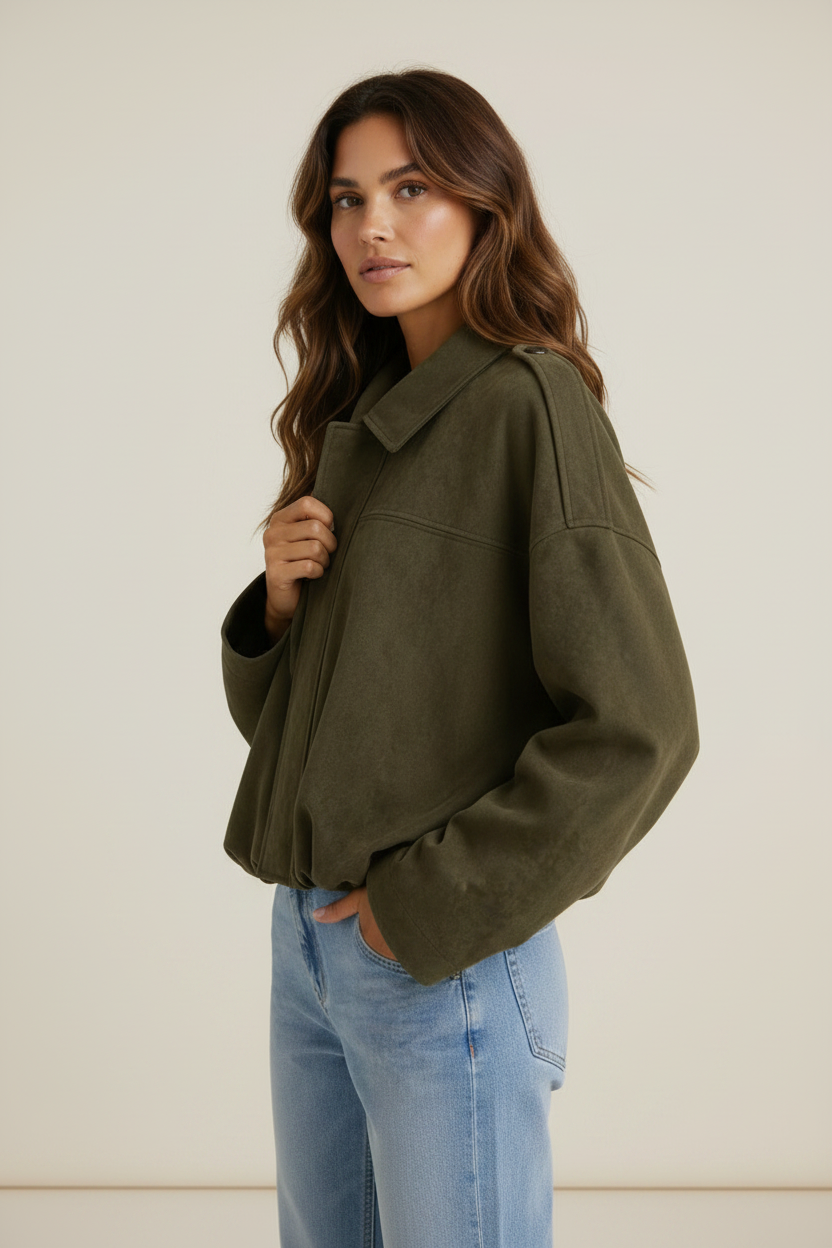 Stylish Suede Look Bomber Jacket with Oversized Fit for Everyday Comfort