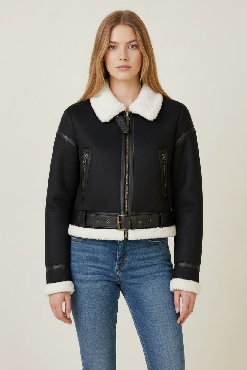 Stylish Aviator Jacket | Women's Cropped Biker Coat with Teddy Lining | Cozy Cold-Weather Layer