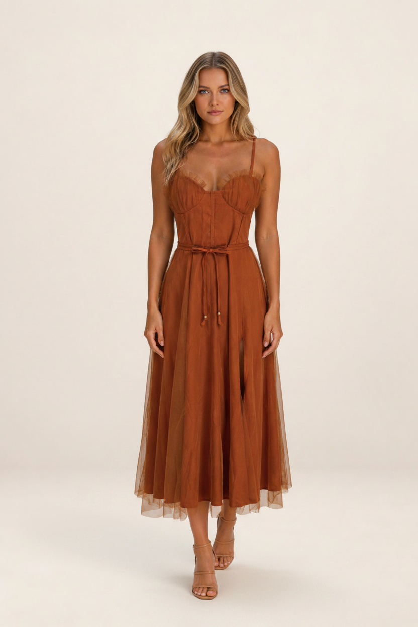 Elegant Midi Dress | Tulle Overlay with Corset Bodice & Tie Waist | Perfect for Special Occasions