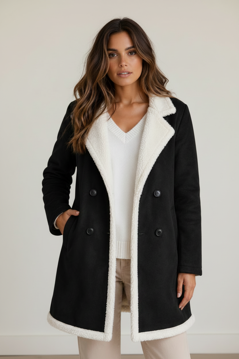 Elegant Longline Teddy Trim Coat with Suede Look for Ultimate Warmth