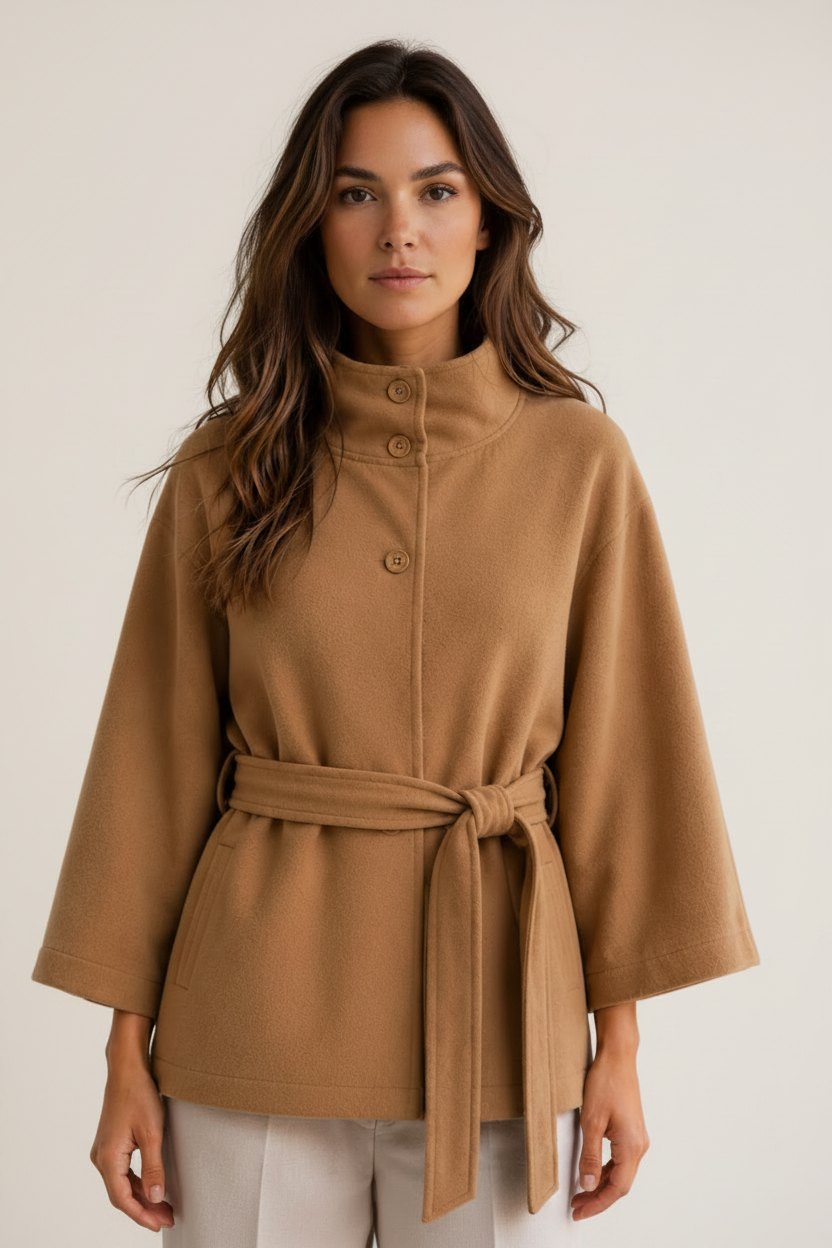 Elegant Cape Jacket | Women's Jacket with Stand Collar & Adjustable Belt | Flattering Fit for All Occasions