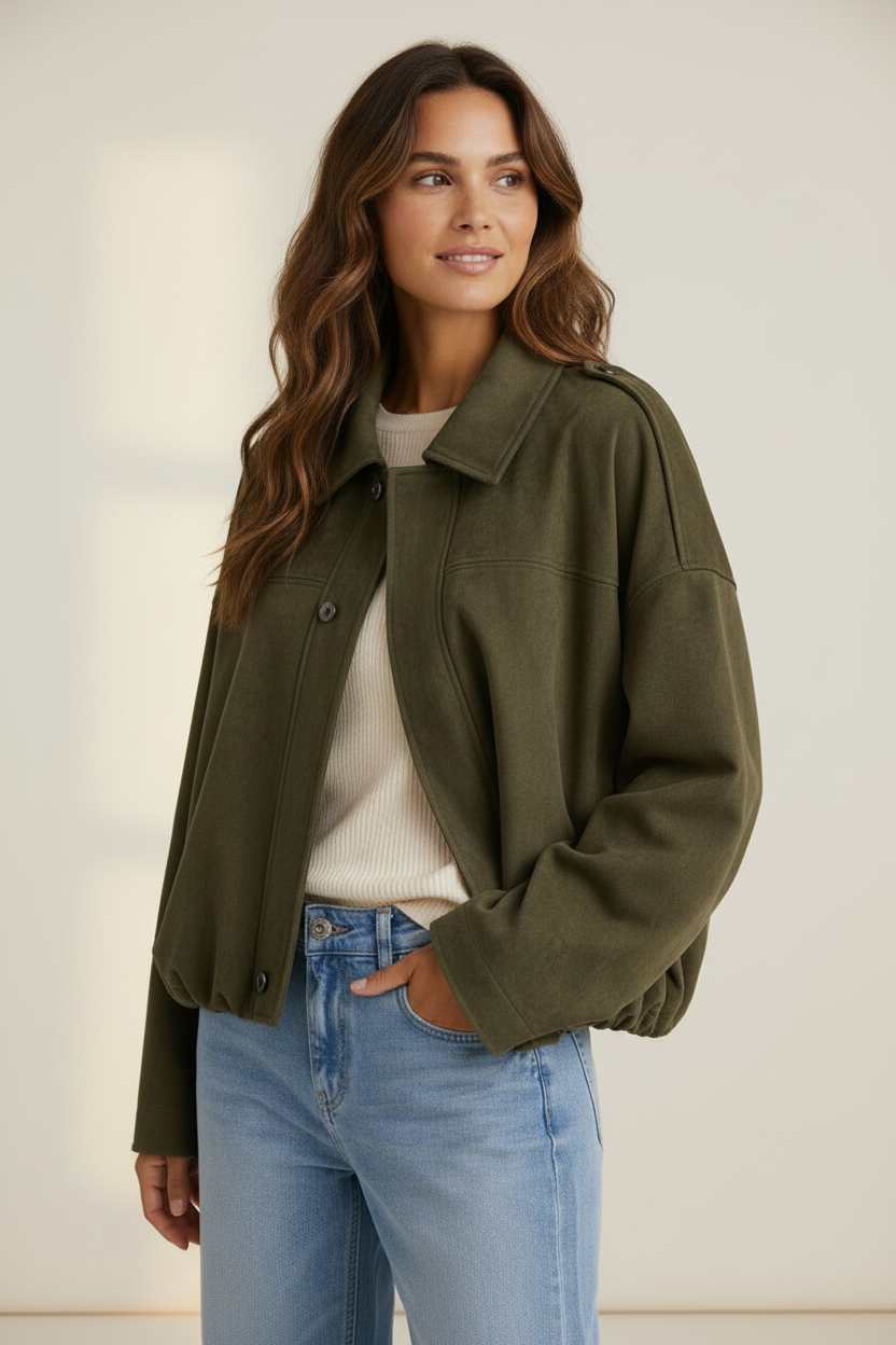Stylish Suede Look Bomber Jacket with Oversized Fit for Everyday Comfort
