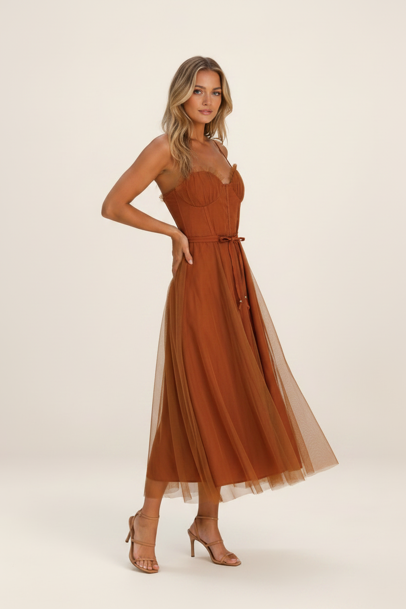 Elegant Midi Dress | Tulle Overlay with Corset Bodice & Tie Waist | Perfect for Special Occasions