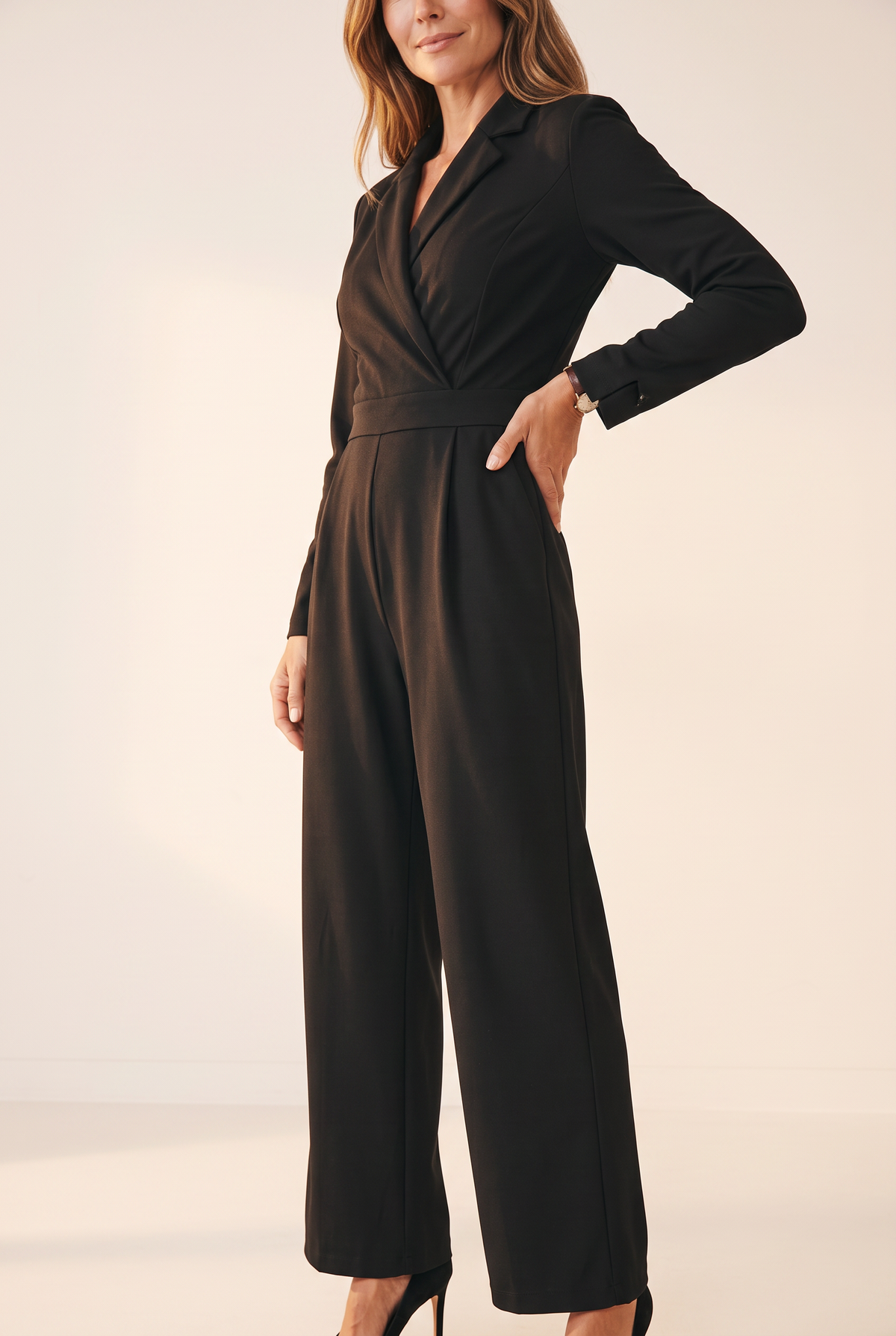 Elegant Women's Jumpsuit | Black Wide Leg Design with Tailored Wrap Front for Flattering Silhouette