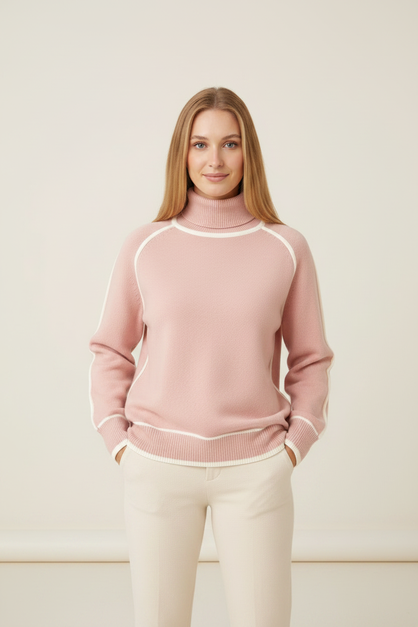 Cozy Knitwear | Women's Jumper with Roll Neck & Contrast Trim | Relaxed Fit for Effortless Cold-Weather Styling