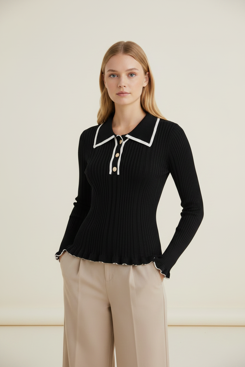 Elegant Knitwear | Women's Jumper with Ruffle Cuffs & Polo Collar | Fitted Long Sleeve Top for Effortless Style